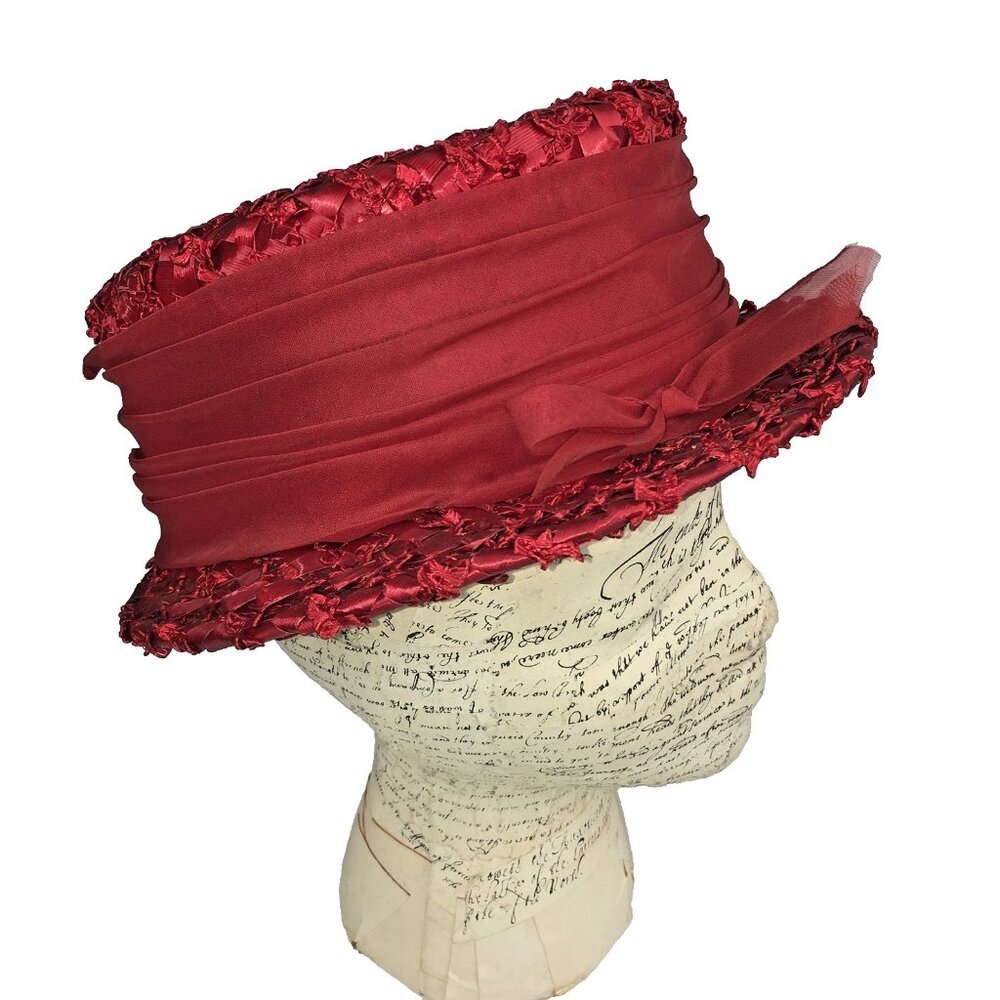 VINTAGE RED WOVEN HAT 10"  Brim USA Ribbon Union w/ Box and RECEIPT VGC